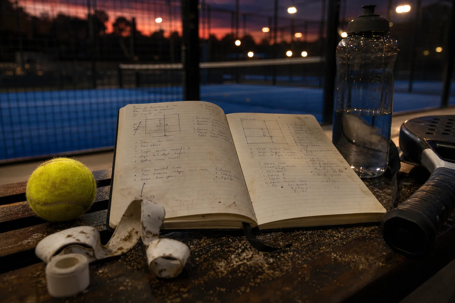 Padel notebook and gear on a courtside bench